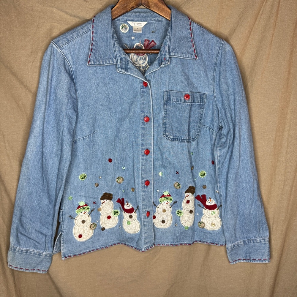 Vintage Womens Medium Denim Snowman Embroidered Holiday Shirt GrannyCore 90s